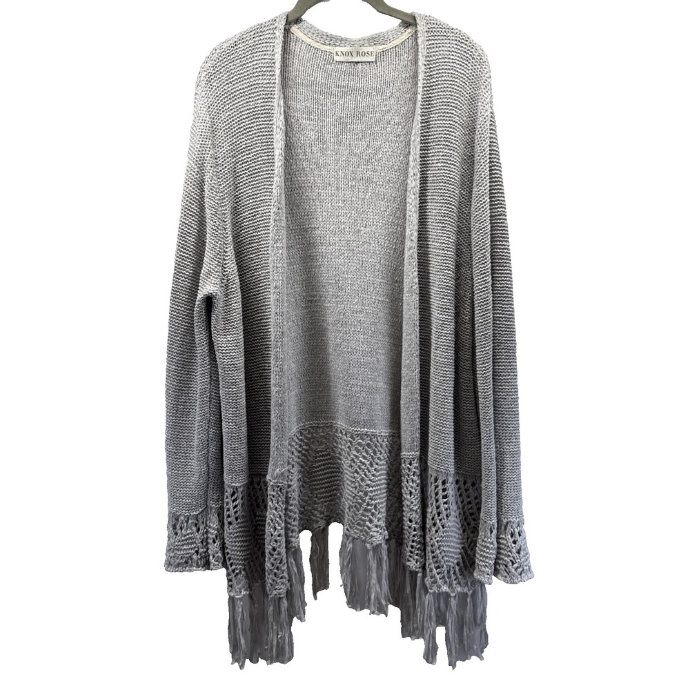 Knox Rose Womens Cardigan Sweater XL Gray Fringe Bohemian Crochet Open Front